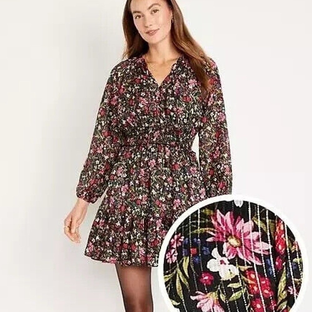 New Old Navy $50 XXL Blue Floral Shine Waist-Defined Boho Tie Neck Mini Dress